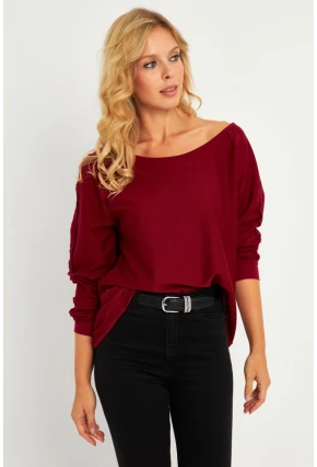 Kadın Bordo Kayık Yaka Ters Dikişli Sweatshirt TF10