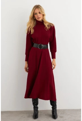 Kadın Bordo Kemerli Balıkçı Yaka Elbise MKSD992