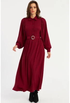 Kadın Bordo Kemerli Maxi Elbise MASF15