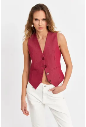 Kadın Bordo Keten Astarlı Yelek TW60046