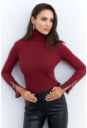 Kadın Bordo Kolları Fermuarlı Kaşkorse Balıkçı Bluz EY2567