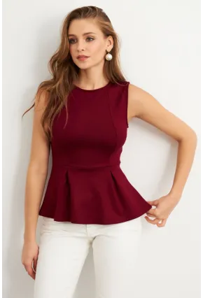 Kadın Bordo Kolsuz Peplum Bluz FLU7257