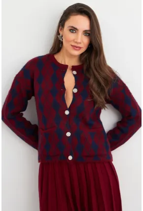 Kadın Bordo-Lacivert Düğme Detaylı Hırka ELT12022