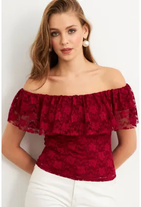 Kadın Bordo Madonna Yaka Dantel Bluz MTK13549