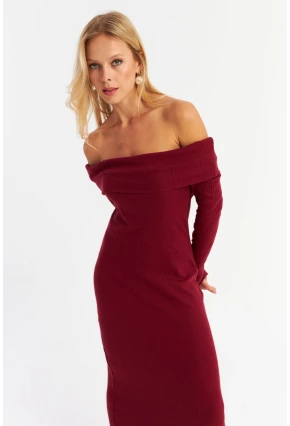 Kadın Bordo Madonna Yaka Kaşkorse Maxi Elbise HOL1