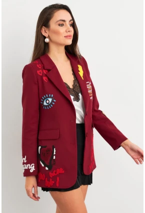 Kadın Bordo Nakışlı Premium Ceket EO100
