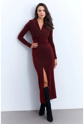 Kadın Bordo Omuzları Vatkalı Simli Şık Midi Elbise MON139