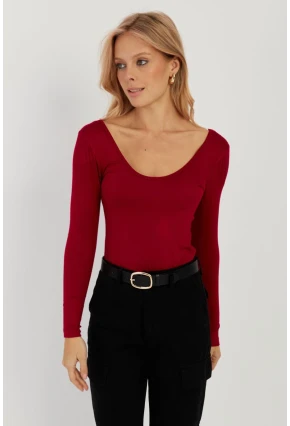 Kadın Bordo Ön Arka U Yaka Bluz LPP1265