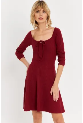 Kadın Bordo Önü Bağlamalı Mini Elbise TF59