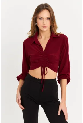 Kadın Bordo Önü Büzgülü Crop Bluz MRS103