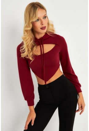 Kadın Bordo Pencereli Kapüşonlu Crop Bluz TF08