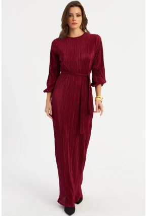 Kadın Bordo Pilise Maxi Elbise MGÇ192