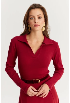 Kadın Bordo Polo Yaka Kaşkorse Bluz LON3006