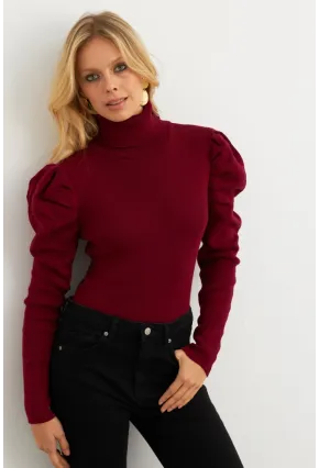 Kadın Bordo Prenses Kol Balıkçı Yaka Triko Bluz MSF2555