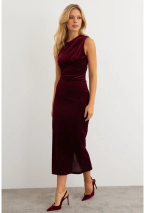 Kadın Bordo Simli Drapeli Maxi Elbise KED4481