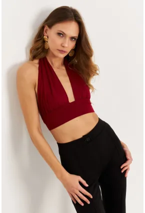 Kadın Bordo Sırt Ve Boyun Bağlamalı Bluz EY1472