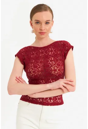 Kadın Bordo Sırtı Açık Dantel Bluz ZH04