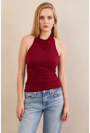 Kadın Bordo Sırtı Açık Drapeli Bluz FRY2314