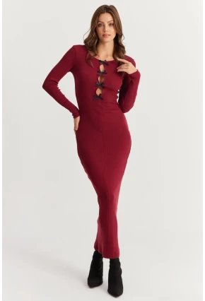 Kadın Bordo-Siyah Kurdele Detaylı Kaşkorse Maxi Yılbaşı Elbise XL2043