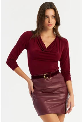 Kadın Bordo Suni Deri Mini Etek FRY2242