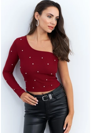 Kadın Bordo Taşlı Tek Kol Crop Bluz HOL2