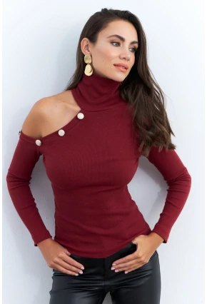 Kadın Bordo Tek Omuz Açık Kaşkorse Balıkçı Bluz EY2947