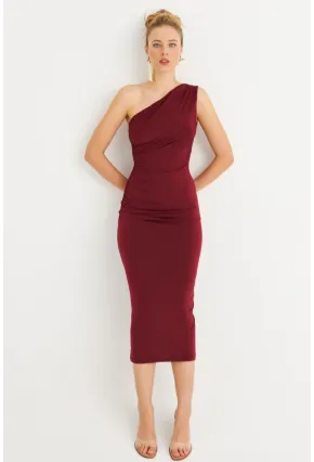 Kadın Bordo Tek Omuz Büzgülü Midi Elbise DMR294-90