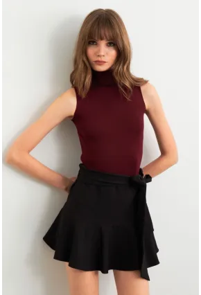 Kadın Bordo Triko Kolsuz Bluz YV305