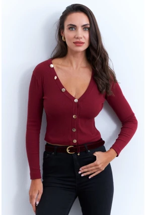 Kadın Bordo V Yaka Düğme Detaylı Bluz EY2952