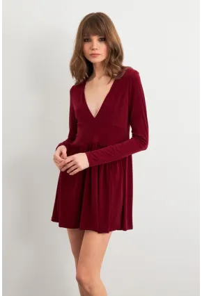 Kadın Bordo V Yaka Mini Elbise LİK17