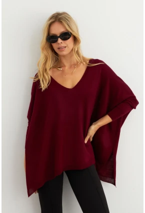 Kadın Bordo V Yaka Salaş Bluz YV304