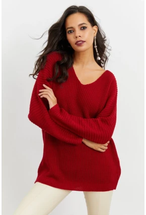 Kadın Bordo V Yaka Salaş Triko Tunik SMT158