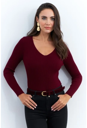 Kadın Bordo V Yaka Triko Bluz YV284