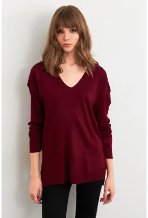 Kadın Bordo V Yaka Triko Kazak YİL549