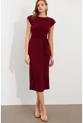 Kadın Bordo Vatkalı Kuşaklı Midi Elbise UG713