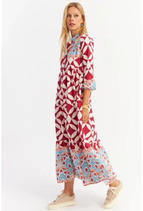 Kadın Bordo Volanlı Desenli Maxi Elbise YLE14