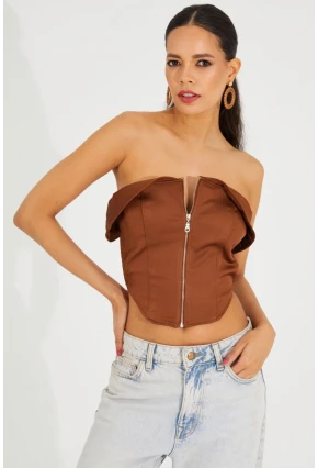 Kadın Bronz Fermuarlı Straplez Crop Bluz SF2502