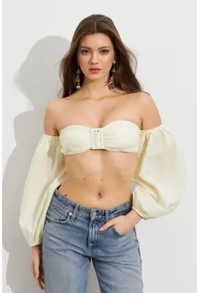 Kadın Butter Yellow Balon Kol Crop Bluz Rop111