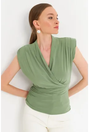 Kadın Çağla Yeşili Vatkalı Kruvaze Bluz MTK13213