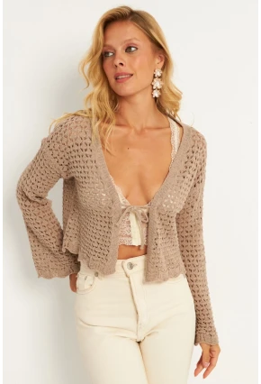 Kadın Camel Ajurlu Triko Hırka YV248
