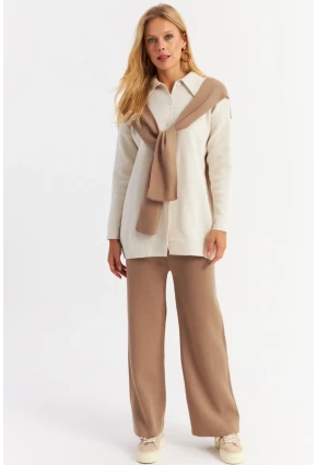 Kadın Camel Atkılı Triko Hırka Alt Üst Takım NUV20