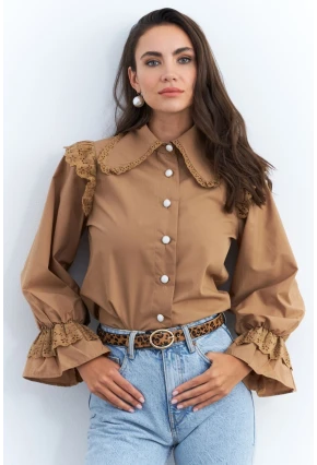 Kadın Camel Bebe Yaka Dantelli Gömlek MQS1839