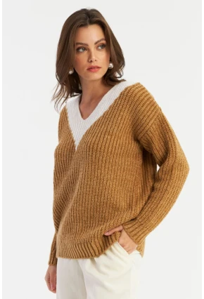 Kadın Camel-Beyaz V Yaka Triko Kazak SMT2434