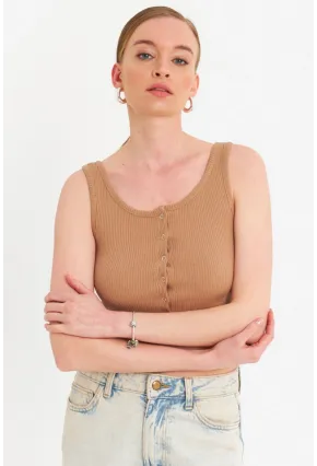 Kadın Camel Çıtçıtlı Crop Bluz YDF103