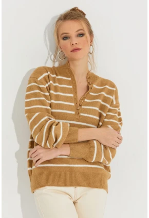 Kadın Camel Çizgili Triko Kazak SMT219