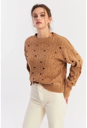 Kadın Camel Çizgili Yırtık Triko Kazak PP2342