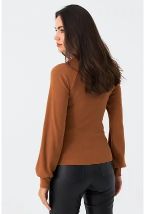 Kadın Camel Düğme Aksesuarlı Kaşkorse Bluz MEY2946