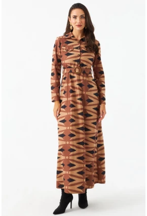 Kadın Camel Düğme Detaylı Kemerli Maxi Elbise MHAD101
