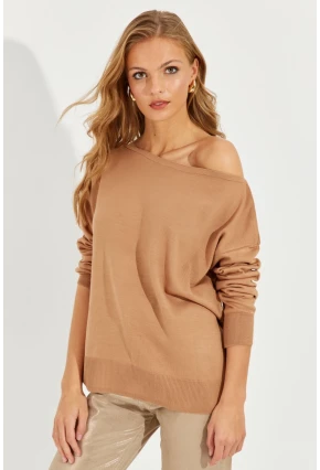 Kadın Camel Düşük Omuz Triko Bluz YZ617