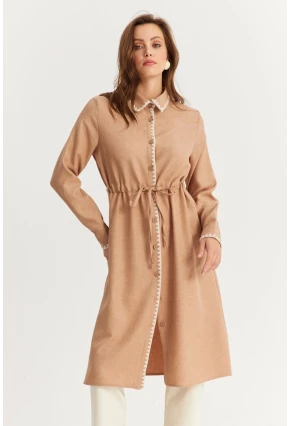 Kadın Camel Garnili Gömlek Midi Elbise MASF10